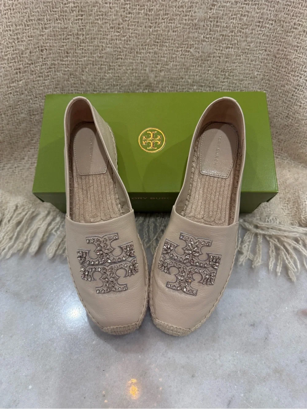 Tory Burch Ivory Embellished Leather Espadrille Flats NIB  Size 9
